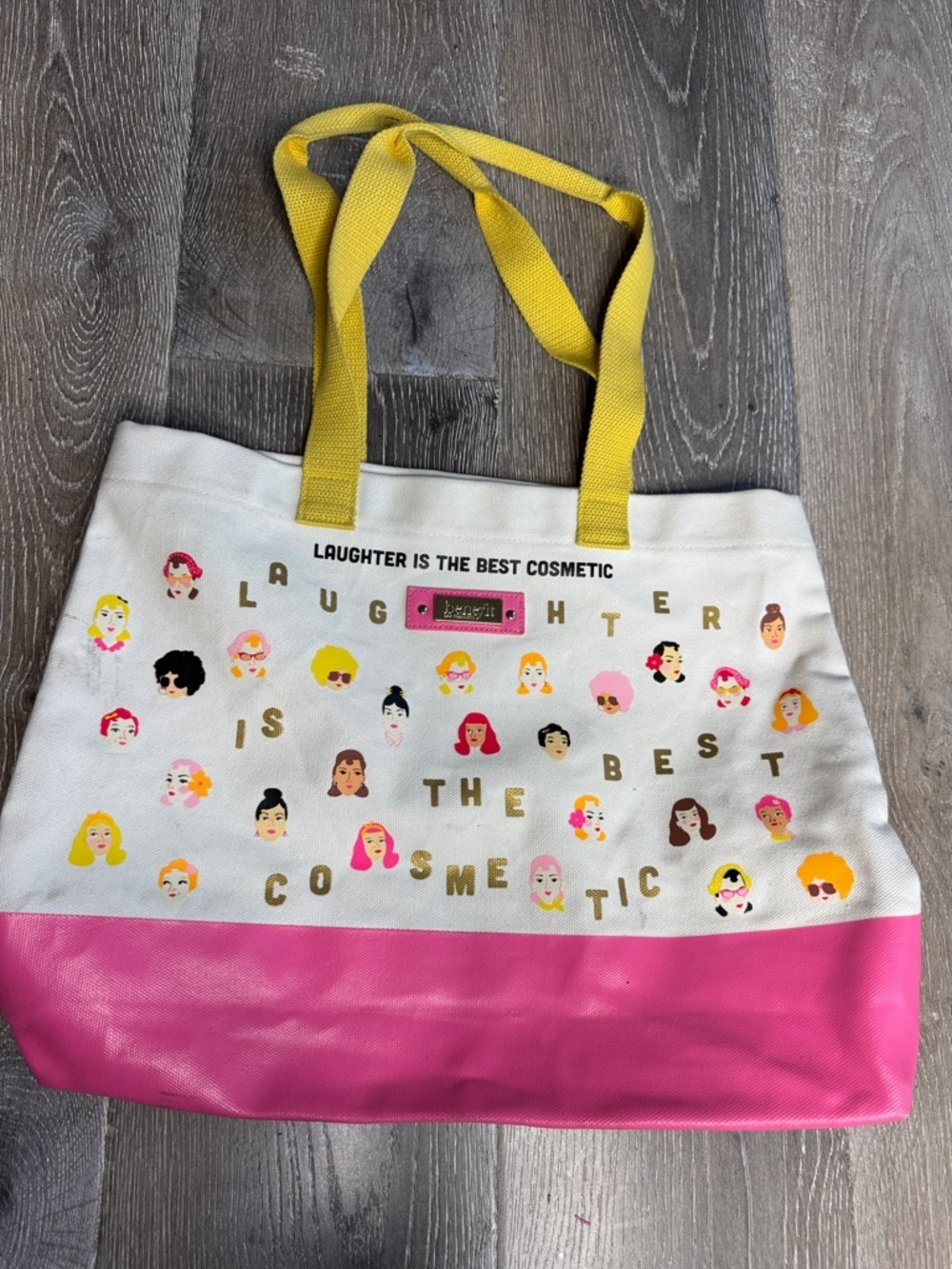Benefit White Canvas Tote with Pink Base and Yellow Handles